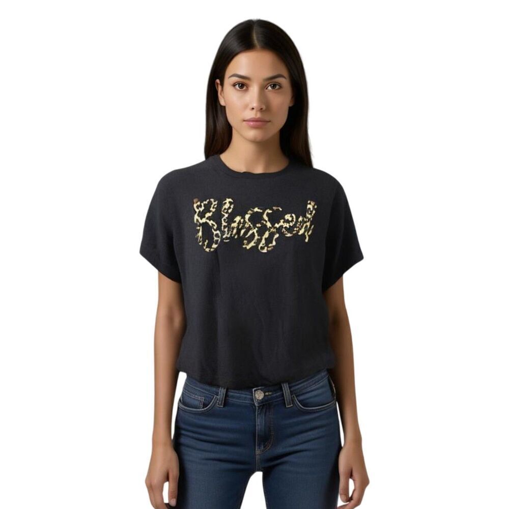 Love in Faith Black Blessed Leopard Print Graphic Tee Shirt Size M